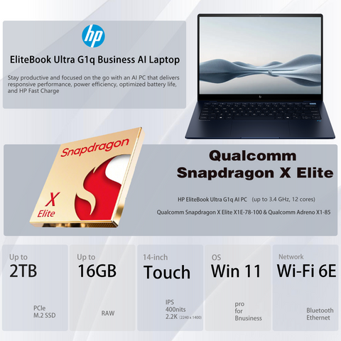 HP EliteBook Ultra 14" Traditional Laptop Qualcomm Snapdragon X Elite 16GB RAM Qualcomm Adreno X1-85 512GB SSD Storage Windows 11 Pro 60Hz - Blue HP EliteBook Ultra 14" Traditional Laptop Qualcomm Snapdragon X Elite 16GB RAM Qualcomm Adreno X1-85 512GB SSD Storage Windows 11 Pro 60Hz - Blue