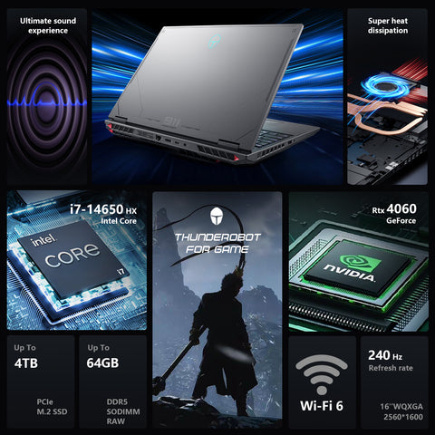 Thunderobot Radiant 16 4060 2.5K Gaming Laptop, 16" WQXGA 240Hz Display, 14th Gen Intel i7-14650HX, GeForce RTX 4060, 32GB DDR5 RAM, 1TB PCIe SSD, RGB Backlit Keyboard, Wi-Fi 6, Windows 11, Gray Thunderobot Radiant 16 4060 2.5K Gaming Laptop, 16" WQXGA 240Hz Display, 14th Gen Intel i7-14650HX, GeForce RTX 4060, 32GB DDR5 RAM, 1TB PCIe SSD, RGB Backlit Keyboard, Wi-Fi 6, Windows 11, Gray