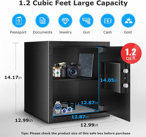 Bonsaii Steel Safe Box with Digital Keypad Lock, 1.2 Cubic Feet Security Document Safe with Removable Shelf for Home, Hotel, Office, Valuables, Money, 12.99 x 14.17 x 12.99 Inches Bonsaii Steel Safe Box with Digital Keypad Lock, 1.2 Cubic Feet Security Document Safe with Removable Shelf for Home, Hotel, Office, Valuables, Money, 12.99 x 14.17 x 12.99 Inches