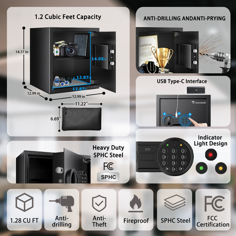 Bonsaii Security Safe Box with Money Bag, 1.28 Cubic Feet Large Document Safe Box for Home, Digital Keypad Lock, Removable Shelf for Money, Medicine, Valuables, 12.99 x 14.17 x 12.99 Inches Bonsaii Security Safe Box with Money Bag, 1.28 Cubic Feet Large Document Safe Box for Home, Digital Keypad Lock, Removable Shelf for Money, Medicine, Valuables, 12.99 x 14.17 x 12.99 Inches
