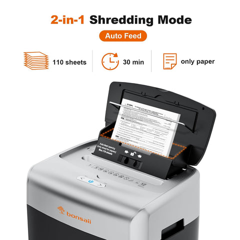 Bonsaii Paper Shredder for Office, 110-Sheet Autofeed Heavy Duty Shredder for Home Office Use, 30 Minutes/Micro Cut/P-4 High Security Level/6 Gallon Large Bin Bonsaii Paper Shredder for Office, 110-Sheet Autofeed Heavy Duty Shredder for Home Office Use, 30 Minutes/Micro Cut/P-4 High Security Level/6 Gallon Large Bin