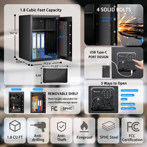 Bonsaii 1.8 Cubic Feet Security Home Safe with Digital Keypad & Fireproof Bag, Fire-Resistant Security Box for Jewelry, Cash, Guns | Fireproof Document Safe (14.2"x12.99"x19.7") Bonsaii 1.8 Cubic Feet Security Home Safe with Digital Keypad & Fireproof Bag, Fire-Resistant Security Box for Jewelry, Cash, Guns | Fireproof Document Safe (14.2"x12.99"x19.7")
