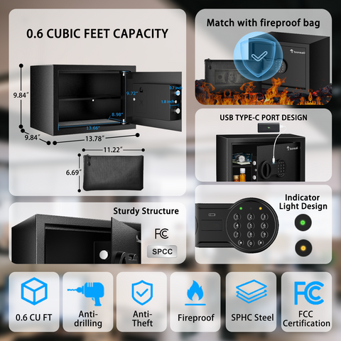 Bonsaii Safe Box with Fireproof Bag, Home Safe with Removable Shelf for Money Documents Jewelry Valuables, 0.6 Cubic Feet, 9.84"D x 13.78"W x 9.84"H, Black Bonsaii Safe Box with Fireproof Bag, Home Safe with Removable Shelf for Money Documents Jewelry Valuables, 0.6 Cubic Feet, 9.84"D x 13.78"W x 9.84"H, Black
