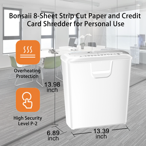 Bonsaii Quiet Strip-Cut Shredder, Up to 8 Sheets, Offering high Security, CDs, Credit Cards, Overheat Protection, Equipped with a 3.4-Gallon bin, Operates Quietly, Ideal for Home Office, White Bonsaii Quiet Strip-Cut Shredder, Up to 8 Sheets, Offering high Security, CDs, Credit Cards, Overheat Protection, Equipped with a 3.4-Gallon bin, Operates Quietly, Ideal for Home Office, White
