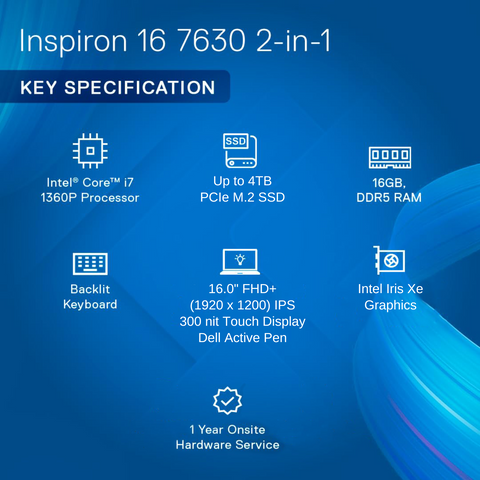 DELL Inspiron 7000 Series Daily 2-in-1 Laptop, 16" FHD+ 1920*1200 Touchscreen 60Hz, Intel Core i7-1360P, Intel Iris Xe Graphics, 16GB DDR5 SODIMM, 1TB PCIe M.2 SSD, Wi-Fi 6, Non-RGB Backlit Keyboard, Windows 11 Home, Silver DELL Inspiron 7000 Series Daily 2-in-1 Laptop, 16" FHD+ 1920*1200 Touchscreen 60Hz, Intel Core i7-1360P, Intel Iris Xe Graphics, 16GB DDR5 SODIMM, 1TB PCIe M.2 SSD, Wi-Fi 6, Non-RGB Backlit Keyboard, Windows 11 Home, Silver
