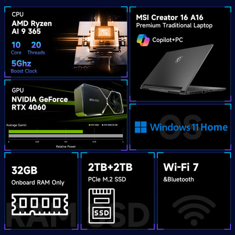 MSI Creator 16 16" Traditional Laptop AMD Ryzen AI 9 32GB RAM NVIDIA GeForce RTX 4060 1TB SSD Storage Windows 11 Home 240Hz - Grey MSI Creator 16 16" Traditional Laptop AMD Ryzen AI 9 32GB RAM NVIDIA GeForce RTX 4060 1TB SSD Storage Windows 11 Home 240Hz - Grey