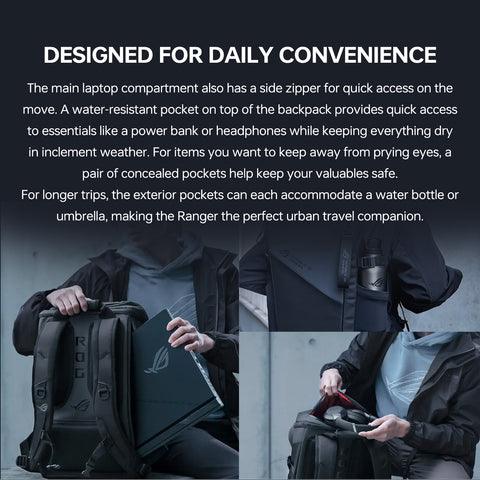 ASUS ROG RANGER BP2701 Gaming backpack, up to 17.3 laptop storage, Built-in luggage strap, Designed for Daily Convenience ASUS ROG RANGER BP2701 Gaming backpack, up to 17.3 laptop storage, Built-in luggage strap, Designed for Daily Convenience