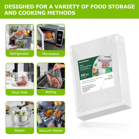Bonsenkitchen Precut Vacuum Food Sealer Bags 100 Pint 6" x 10", BPA Free, Commercial Grade Textured Food Vacuum Sealer Bag, Thick Embossed Bags for Food Storage and Sous Vide Cooking VB3204 Bonsenkitchen Precut Vacuum Food Sealer Bags 100 Pint 6" x 10", BPA Free, Commercial Grade Textured Food Vacuum Sealer Bag, Thick Embossed Bags for Food Storage and Sous Vide Cooking VB3204