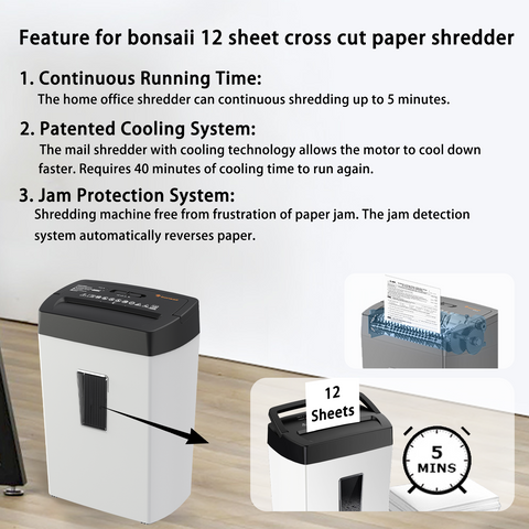 Bonsaii Crosscut Paper Shredder, 12-Sheet Capacity, P-4 Security Level, 5.5-Gallon Bin, Heavy-Duty Shredder for Home or Office, Destroys Paper, Credit Cards, Mail, and Staples, White & Black with Viewing Window Bonsaii Crosscut Paper Shredder, 12-Sheet Capacity, P-4 Security Level, 5.5-Gallon Bin, Heavy-Duty Shredder for Home or Office, Destroys Paper, Credit Cards, Mail, and Staples, White & Black with Viewing Window