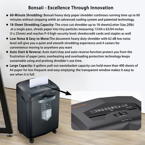 Bonsaii Paper Shredder, 18-Sheet 60-Minutes Shredder for Office Heavy Duty Cross-Cut Shredder with 6 Gallon Pullout Basket 4 Casters Bonsaii Paper Shredder, 18-Sheet 60-Minutes Shredder for Office Heavy Duty Cross-Cut Shredder with 6 Gallon Pullout Basket 4 Casters