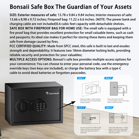 Bonsaii Safe Box with Fireproof Bag, Home Safe with Removable Shelf for Money Documents Jewelry Valuables, 0.6 Cubic Feet, 9.84"D x 13.78"W x 9.84"H, Black Bonsaii Safe Box with Fireproof Bag, Home Safe with Removable Shelf for Money Documents Jewelry Valuables, 0.6 Cubic Feet, 9.84"D x 13.78"W x 9.84"H, Black