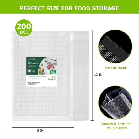 Bonsenkitchen Precut Vacuum Sealer Bags 200 Quart 8" x 12", BPA Free, Commercial Grade Textured Food Vacuum Sealer Bag, Thick Embossed Bags for Storage and Sous Vide Cooking VB3208 Bonsenkitchen Precut Vacuum Sealer Bags 200 Quart 8" x 12", BPA Free, Commercial Grade Textured Food Vacuum Sealer Bag, Thick Embossed Bags for Storage and Sous Vide Cooking VB3208