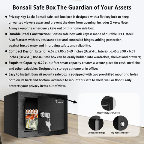 Bonsaii Safe Box with Key Lock, Steel Security Lock Box, 0.23 Cubic Feet, 9.06" W x 6.69" D x 6.69" H, Small Hidden Safe for Cash Jewelry Bonsaii Safe Box with Key Lock, Steel Security Lock Box, 0.23 Cubic Feet, 9.06" W x 6.69" D x 6.69" H, Small Hidden Safe for Cash Jewelry