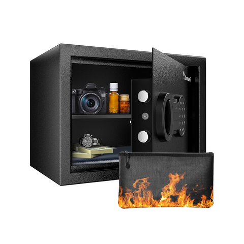Bonsaii Safe Box with Fireproof Bag, Home Safe with Removable Shelf for Money Documents Jewelry Valuables, 0.6 Cubic Feet, 9.84"D x 13.78"W x 9.84"H, Black Bonsaii Safe Box with Fireproof Bag, Home Safe with Removable Shelf for Money Documents Jewelry Valuables, 0.6 Cubic Feet, 9.84"D x 13.78"W x 9.84"H, Black