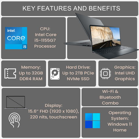 Dell Inspiron 3000 Series 3520 Laptop, 15.6" FHD Touchscreen 60Hz, Intel Core i5-1155G7, Intel UHD Graphics, 8GB DDR4 RAM, 256GB PCIe M.2 SSD, Wi-Fi 5, Windows 11 Home, Black Dell Inspiron 3000 Series 3520 Laptop, 15.6" FHD Touchscreen 60Hz, Intel Core i5-1155G7, Intel UHD Graphics, 8GB DDR4 RAM, 256GB PCIe M.2 SSD, Wi-Fi 5, Windows 11 Home, Black