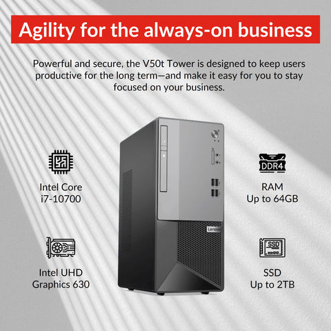 Lenovo V50t Gen 2 Business Tower Desktop, Intel Core i7-10700, Intel UHD Graphics 630, 4GB DDR4 RAM, 1TB 3.5" HDD, No Wi-Fi, No OS, Black Lenovo V50t Gen 2 Business Tower Desktop, Intel Core i7-10700, Intel UHD Graphics 630, 4GB DDR4 RAM, 1TB 3.5" HDD, No Wi-Fi, No OS, Black
