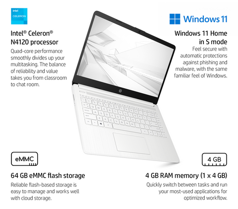 HP Essential 14" HD Laptop,  Intel Celeron N4120, 4GB DDR4 RAM, 64GB eMMC, Wi-Fi 5, Windows 11 Home, White HP Essential 14" HD Laptop,  Intel Celeron N4120, 4GB DDR4 RAM, 64GB eMMC, Wi-Fi 5, Windows 11 Home, White