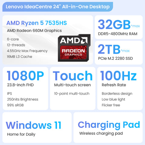 LENOVO IdeaCentre 24 inches All-in-One AMD Ryzen 5 32GB RAM AMD Radeon Graphics 2TB SSD Storage Windows 11 Home 100Hz - Black