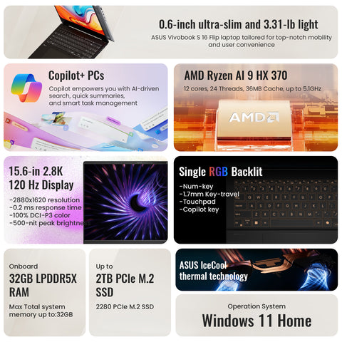 ASUS Vivobook S 16 Flip 15.6" Laptop, Ryzen AI 9 HX 370, 32GB RAM, Radeon Graphics, 1TB SSD, 2.8K 120Hz Display, Windows 11 Home, Black