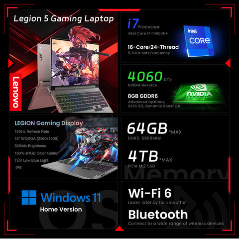 LENOVO Legion 5 16" Traditional Laptop Intel Core i7 16GB RAM NVIDIA GeForce RTX 4060 512GB SSD Storage Windows 11 Home 165Hz - Grey