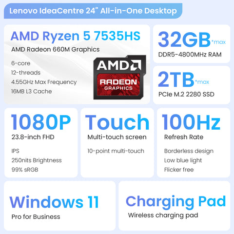 LENOVO IdeaCentre 24 inches All-in-One AMD Ryzen 5 16GB RAM AMD Radeon Graphics 2TB SSD Storage Windows 11 Pro 100Hz - Black