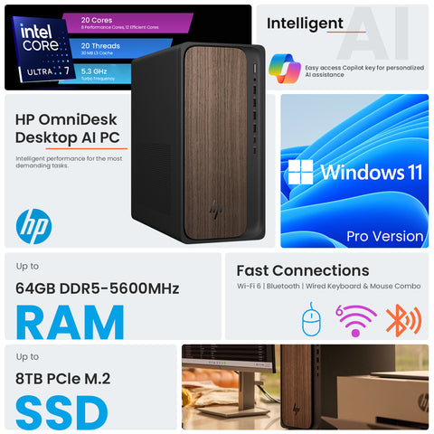 HP OmniDesk Tower Desktop Intel Core Ultra 7 64GB RAM Intel Graphics 1TB SSD Storage Windows 11 Pro - Black