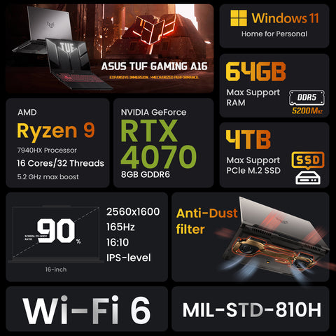ASUS TUF A16 16" Traditional Laptop AMD Ryzen 9 16GB RAM NVIDIA GeForce RTX 4070 1TB SSD Storage Windows 11 Home 165Hz - Grey
