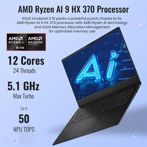 ASUS Vivobook S 16 Flip 15.6" Laptop, Ryzen AI 9 HX 370, 32GB RAM, Radeon Graphics, 1TB SSD, 2.8K 120Hz Display, Windows 11 Home, Black