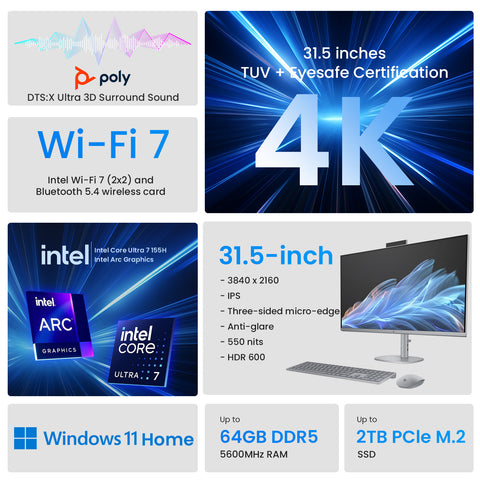 HP OmniStudio X 31.5" All-in-One Intel Core Ultra 7 16GB RAM Intel Arc Graphics 512GB SSD Storage Windows 11 Home 60Hz - Silver