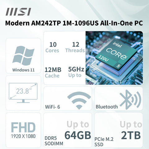 MSI Modern AM242TP 23.8 inches All-in-One Intel Core 5 16GB RAM Intel Graphics 1TB SSD Storage Windows 11 Home 60Hz - Black