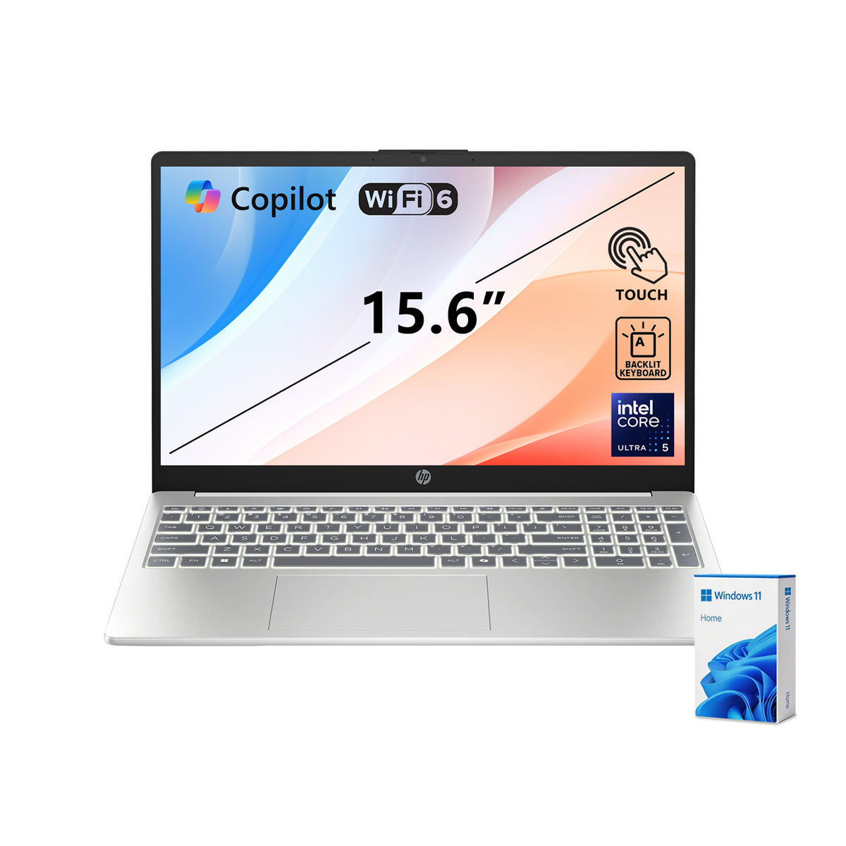 HP 15.6 inches Touchscreen Laptop, Intel Core Ultra 5 125H, Intel Graphics, 16GB DDR5, 512GB SSD, Wi-Fi 6, Win11 Home, Silver
