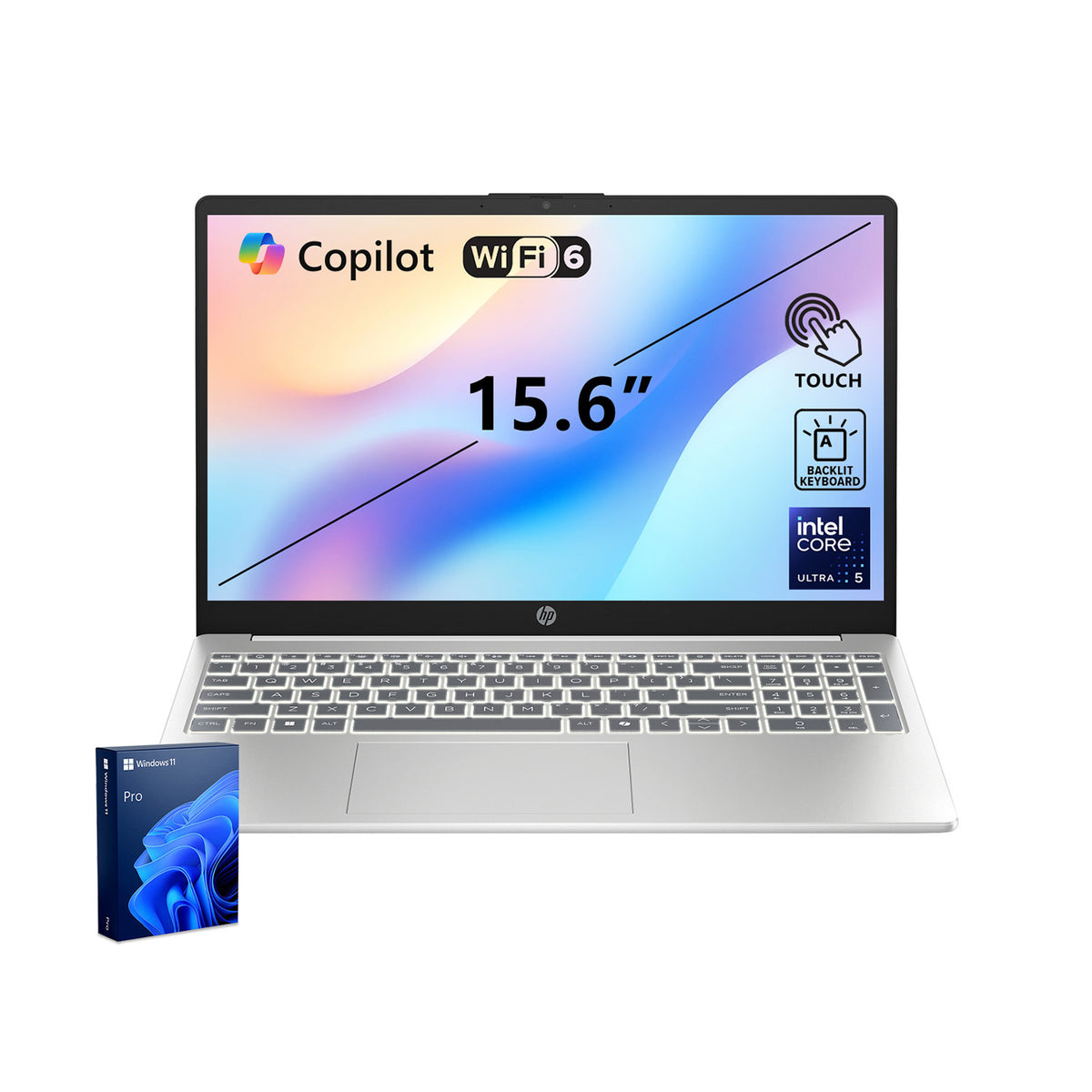 HP 15.6 inches Touchscreen Laptop, Intel Core Ultra 5 125H, Intel Graphics, 32GB DDR5, 1TB SSD, Wi-Fi 6, Win11 Pro, Silver