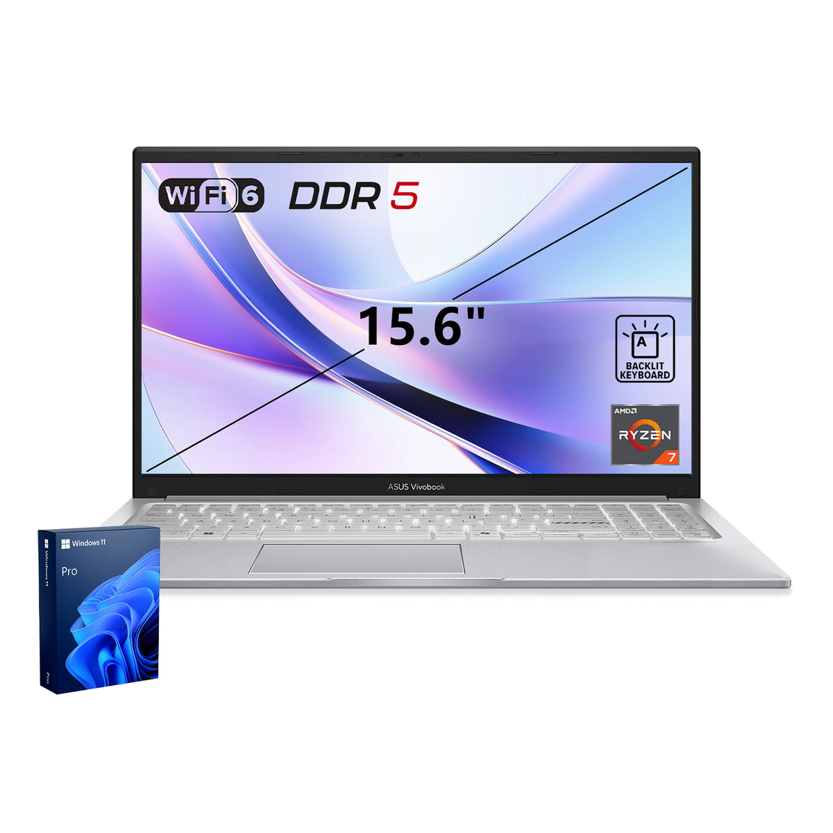 ASUS Vivobook 15 15.6 in Traditional Laptop AMD Ryzen 7 170 32GB RAM AMD Radeon Graphics 1TB SSD Storage Windows 11 Pro 60Hz - Silver