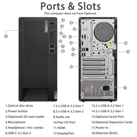 LENOVO ThinkCentre M90t Tower Desktop Intel Core i7 16GB RAM Intel UHD Graphics 512GB SSD Storage Windows 11 Pro - Black