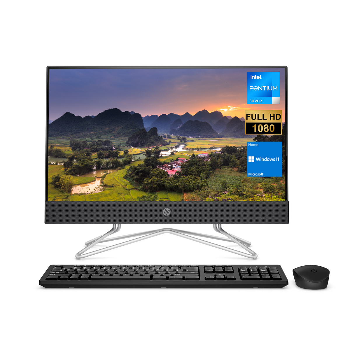 HP All-in-One Desktop, 21.5" FHD Screen, Intel Pentium Silver J5040 Processor, Webcam, HDMI, RJ45, Media Card Reader, Wi-Fi, Wireless KB & Mouse