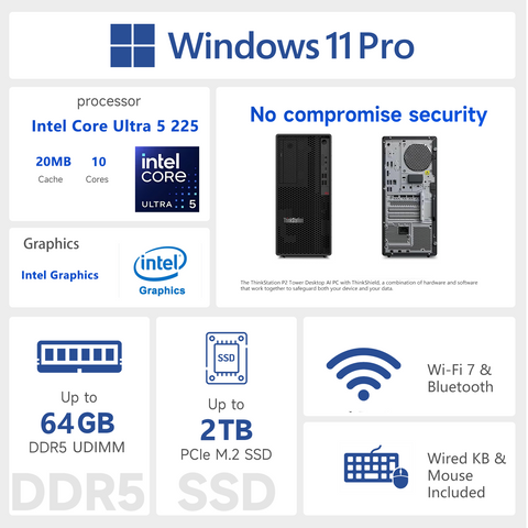 LENOVO ThinkStation P2 Workstation Desktop Intel Core Ultra 5 32GB RAM Intel Graphics 1TB SSD Storage Windows 11 Pro - Black