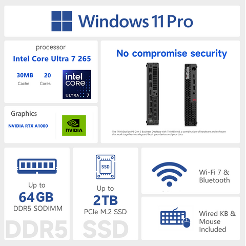 LENOVO ThinkStation P3 Workstation Desktop Intel Core Ultra 7 64GB RAM NVIDIA RTX A1000 1TB SSD Storage Windows 11 Pro - Black