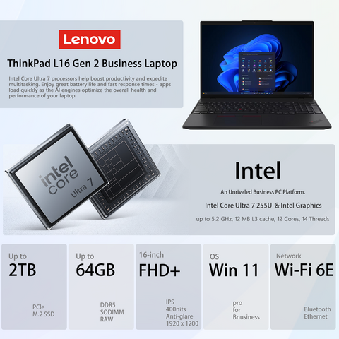 LENOVO ThinkPad L16 16 inches Traditional Laptop Intel Core Ultra 7 32GB RAM Intel Graphics 2TB SSD Storage Windows 11 Pro 60Hz - Black