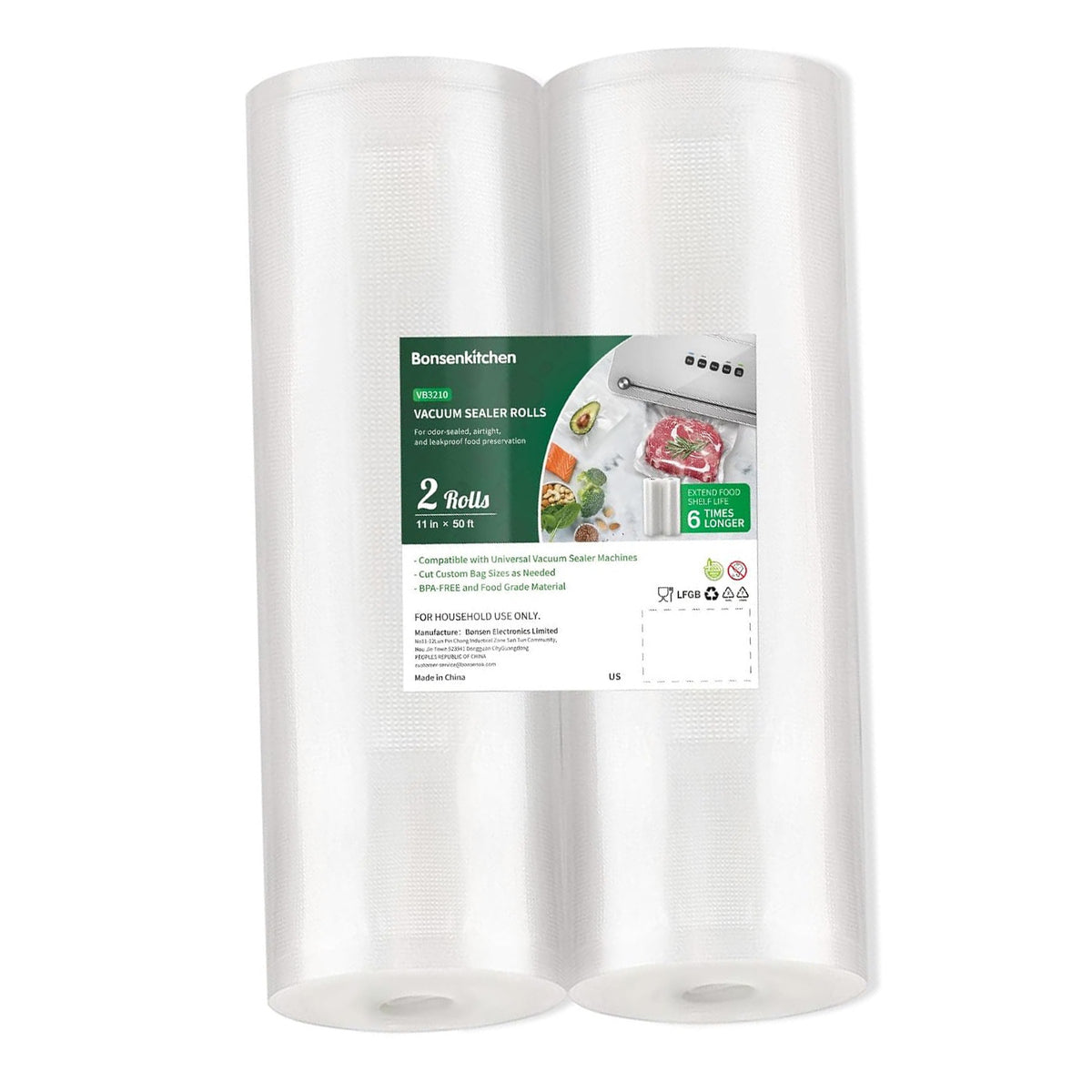 Bonsenkitchen Vacuum Sealer Bags, 11 in x 50 ft Rolls 2 Pack Seal Bags for Food Storage Saver, BPA Free, Commercial Grade Textured Food Roll Bags, Customized Size Bag for Sous Vide Cooking,VB3210