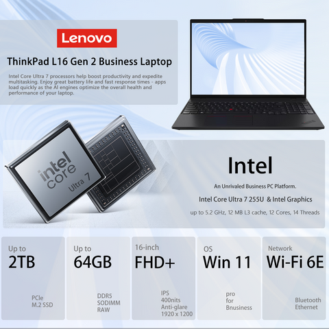 LENOVO ThinkPad L16 16 inches Traditional Laptop Intel Core Ultra 7 64GB RAM Intel Graphics 1TB SSD Storage Windows 11 Pro 60Hz - Black