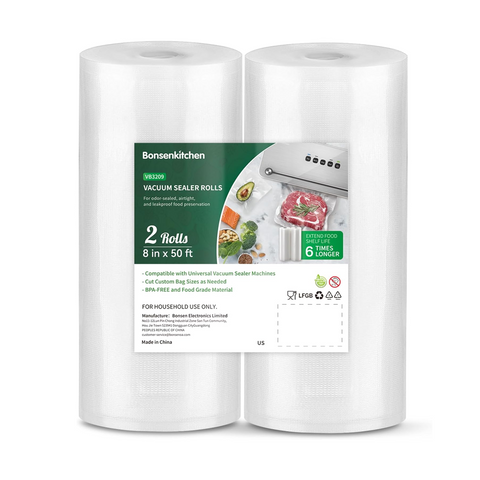 Bonsenkitchen Vacuum Sealer Bags, 8" x 50' Rolls 2 pack for Food Storage Saver, Bpa Free, Heavy Duty, Commercial Grade Textured Food Roll, Customized Size Bag for Sous Vide Cooking,VB3209