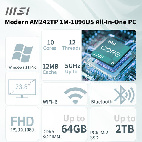 MSI Modern AM242TP 23.8 inches All-in-One Intel Core 5 16GB RAM Intel Graphics 1TB SSD Storage Windows 11 Pro 60Hz - Black