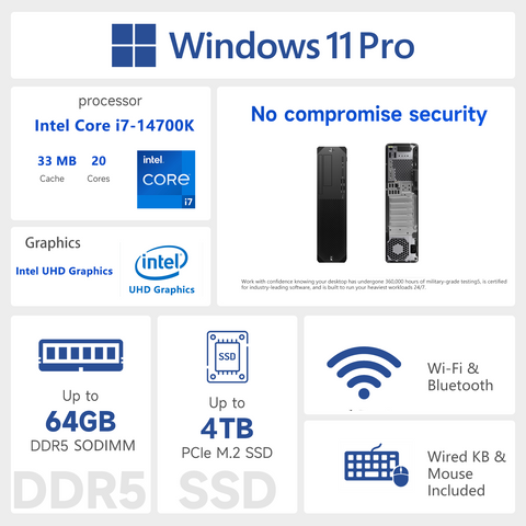 HP Z2 Workstation Desktop Intel Core i7 64GB RAM Intel UHD Graphics 1TB SSD Storage Windows 11 Pro - Black