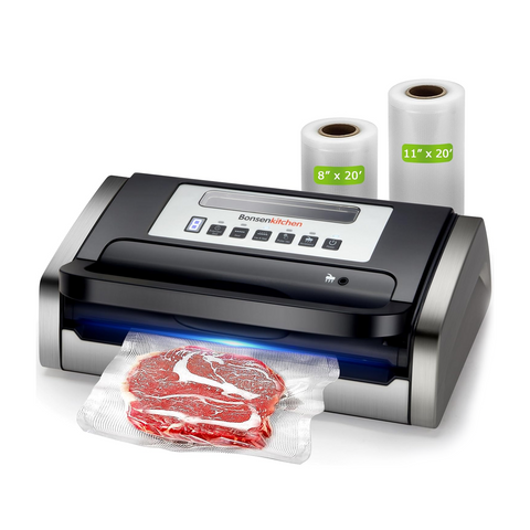Bonsenkitchen Vacuum Sealer Machine, Globefish Technology for Perfect Vacuum Sealing, Powerful Low-Noise Food Vacuum Sealer with Easy Handle Design, Built-in Cutter and Bag Storage, 2 Bag Rolls