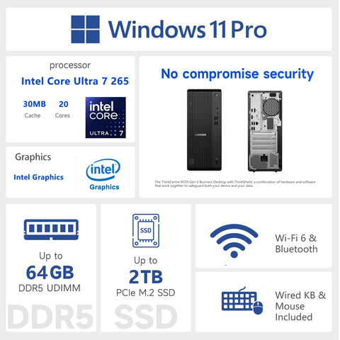 LENOVO ThinkCentre M70t Tower Desktop Intel Core Ultra 7 32GB RAM Intel Graphics 2TB SSD Storage Windows 11 Pro - Black