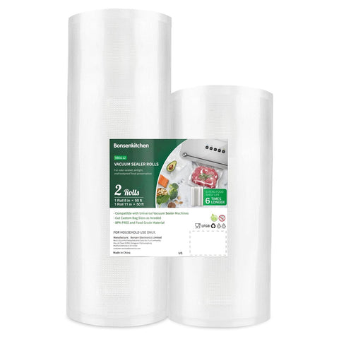 Bonsenkitchen Vacuum Food Sealer Rolls Bags, 8" x 50' & 11" x 50' Commercial Grade BPA Free Bag Rolls, Durable Customized Size Food Vac Bags for Storage and Sous Vide Cooking VB3212