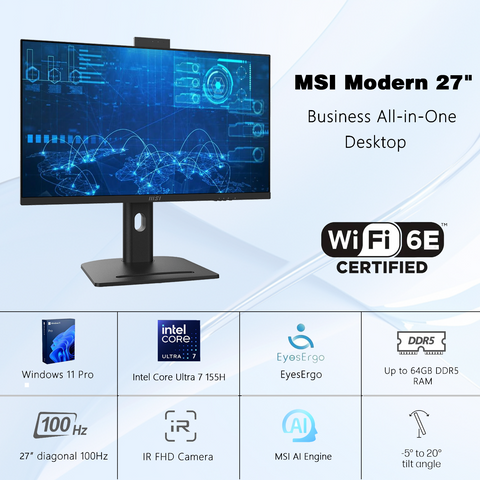 MSI Modern AM273QP AI 27" All-in-One Intel Core Ultra 7 16GB RAM Intel Arc Graphics 1TB SSD Storage Windows 11 Home 100Hz - Black