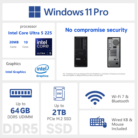 LENOVO ThinkStation P3 Workstation Desktop Intel Core Ultra 5 32GB RAM Intel Graphics 1TB SSD Storage Windows 11 Pro - Black