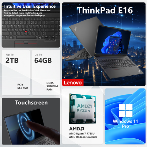 LENOVO ThinkPad E16 16 inches Traditional Laptop AMD Ryzen 7 32GB RAM AMD Radeon Graphics 2TB SSD Storage Windows 11 Pro 60Hz - Black