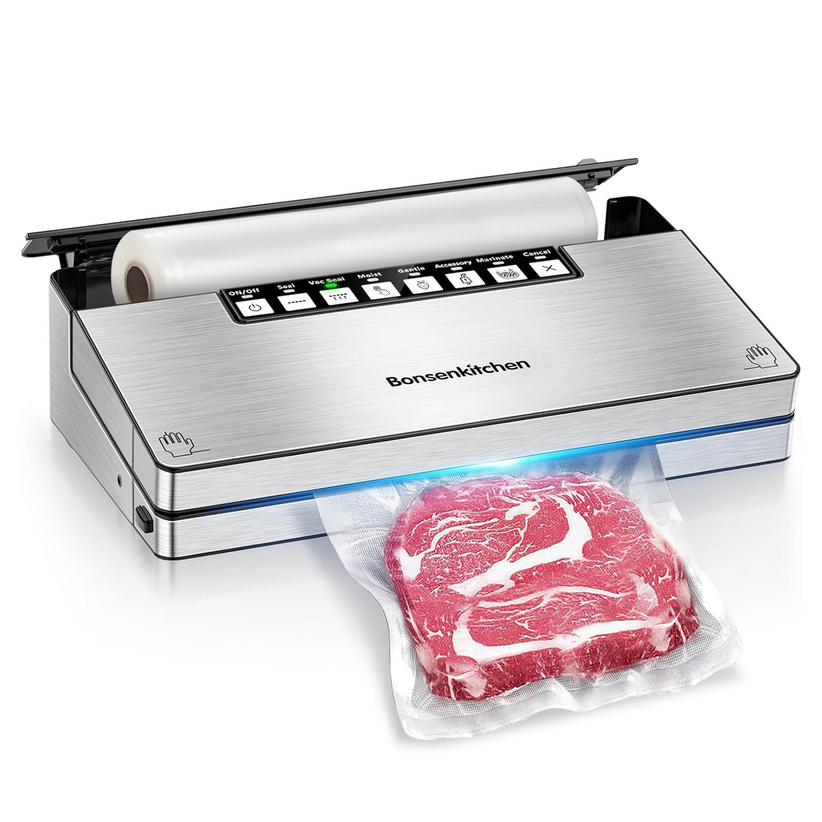 Bonsenkitchen Vacuum Sealer Machine, Stainless Steel Vacuum Food Sealer with 8-in-1 Vacuum Sealing System, 6 Food Vacuum Modes, Built-in Cutter and Bag Storage, Fully Starter Kits (Bright Silver)